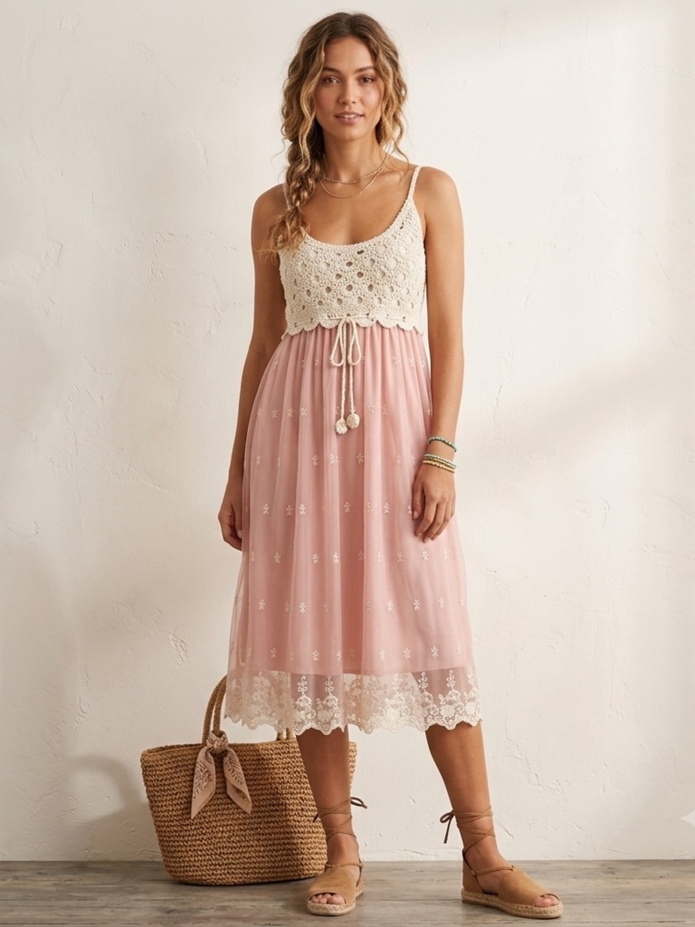 Pink Midi Dress with Crochet Bodice and Lace Hem